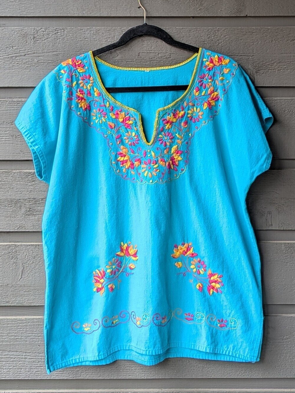 Handmade Mexican Colorful Embroidered Short Sleeve Top Blouse Aqua Blue